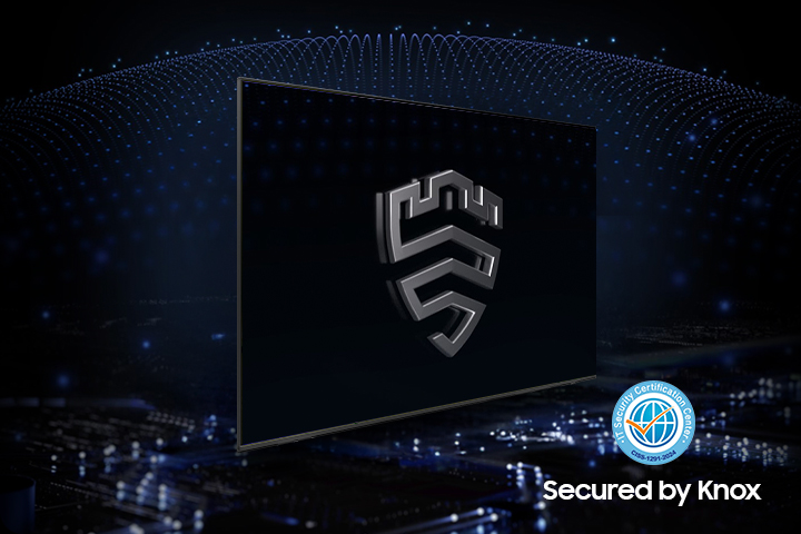 Многоуровневое решение безопасности заключается в создании куполообразного корпуса за телевизором, защищенным Knox. На экране показана эмблема Samsung Knox. Текст Ваша конфиденциальность. Обеспечен. Только на телевизоре Samsung отображается сверху.