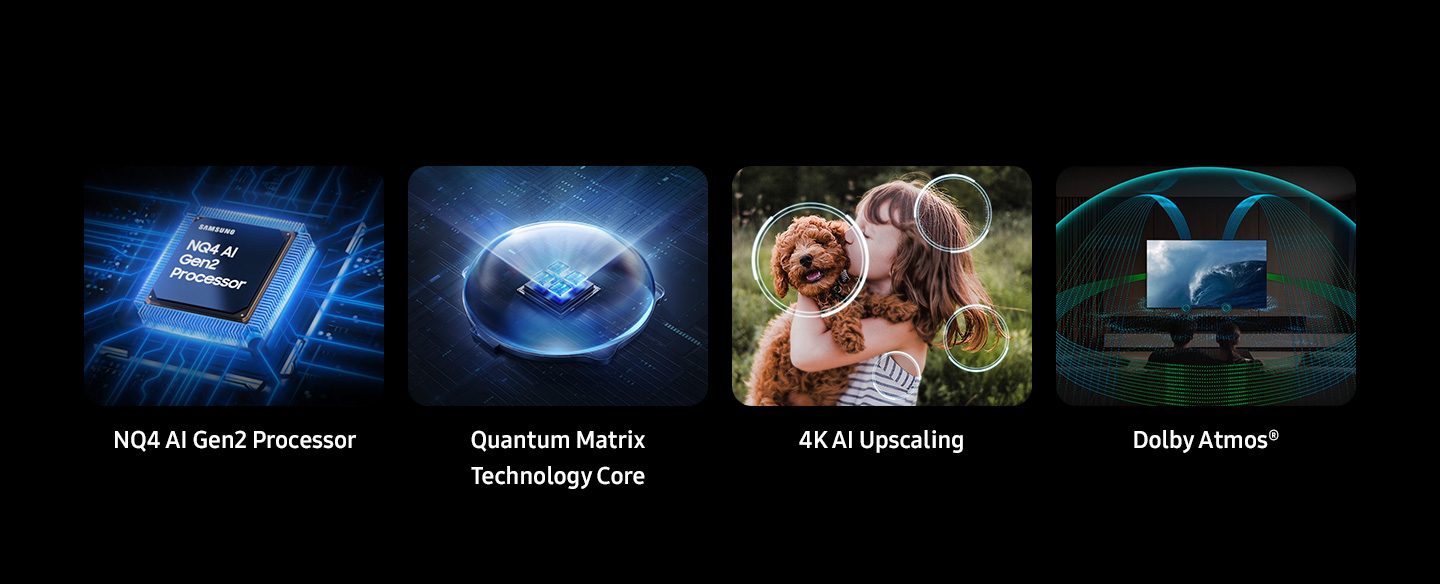 Процессор Samsung NQ4 AI Gen2. Ядро технологии Quantum Matrix. Расширение 4K AI. Dolby Atmos®.