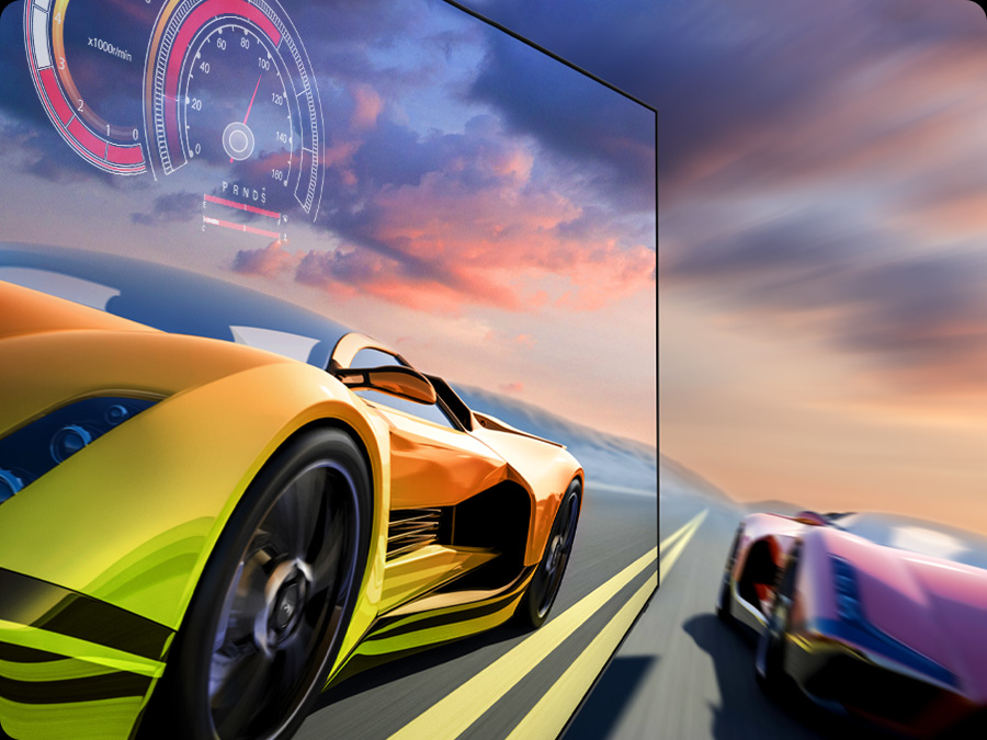 Два гоночных автомобиля мчатся по трассе. Один выглядит четче другого и едет быстрее.