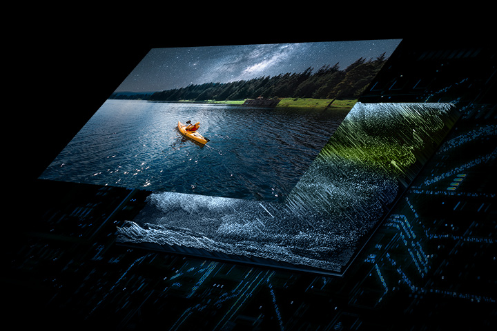 Слой светодиодов Quantum Mini в подсветке освещает верхний слой, показывающий сцену лодки на воде в ярком качестве.