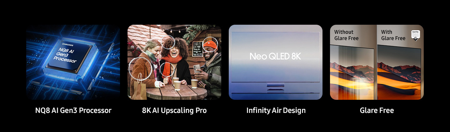 Процессор Samsung NQ8 AI Gen3. Масштабирование до 8K с искусственным интеллектом Pro. Дизайн Infinity Air для Neo QLED 8K. Отображение экранов без бликов и бликов.