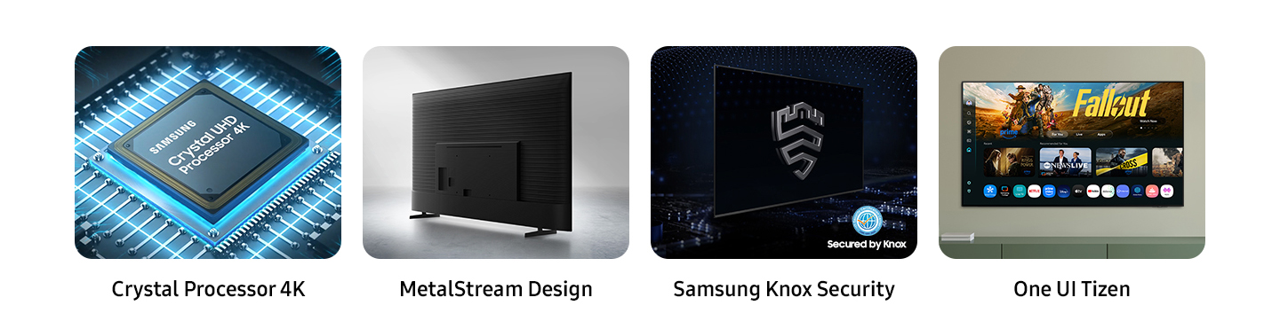 Ключевыми функциями являются Crystal Processor 4K, MetalStream Design, Samsung Knox Security и One UI Tizen. Чип Samsung Crystal UHD Processor 4K установлен на материнской плате телевизора. Задняя панель телевизора MetalStream Design изображена с ребристым узором. Логотип Samsung Knox расположен на экране телевизора, а в углу – логотип Secured by Knox. Главный экран Samsung TV Plus отображается как часть One UI Tizen с возможностью просмотра бесплатного телевидения.