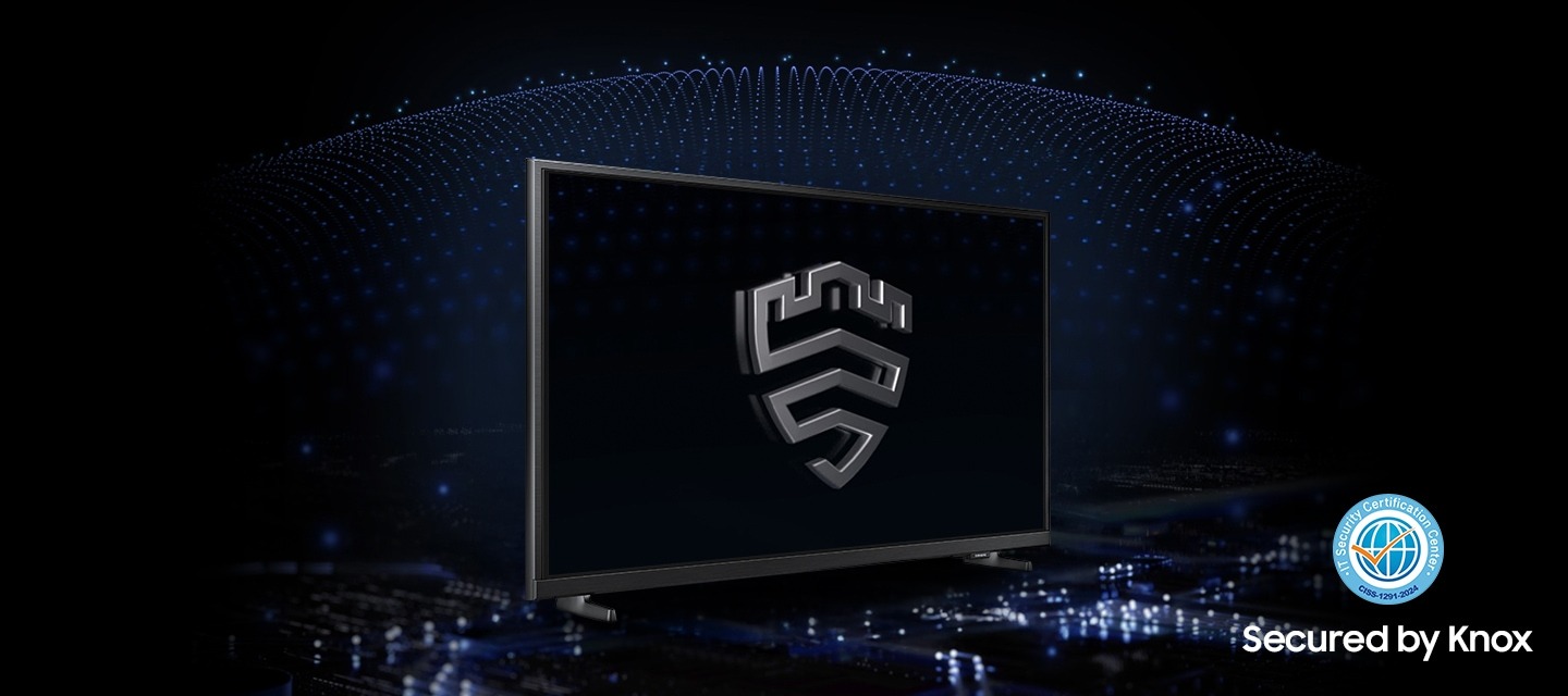 Многоуровневое решение безопасности заключается в создании куполообразного корпуса по телевизору, защищенному Knox. На дисплее показана эмблема Samsung Knox. Текст Ваша конфиденциальность. Обеспечен. Только на телевизоре Samsung отображается сверху.
