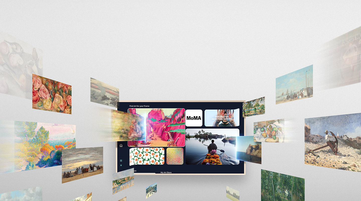 Рамка отображает произведения искусства, доступные в Art Store. Вокруг него кажется, что другие произведения искусства из известных музеев и галерей двигаются к телевизору и засасываются в него. Логотипы Bright Moments, V&A, The Met, Etsy, print bakery, Magnum Photos, Royal Collection Trust, MoMA, Union Art Fair, Toiletpaper, Saatchi Art, belvedere, Tate.