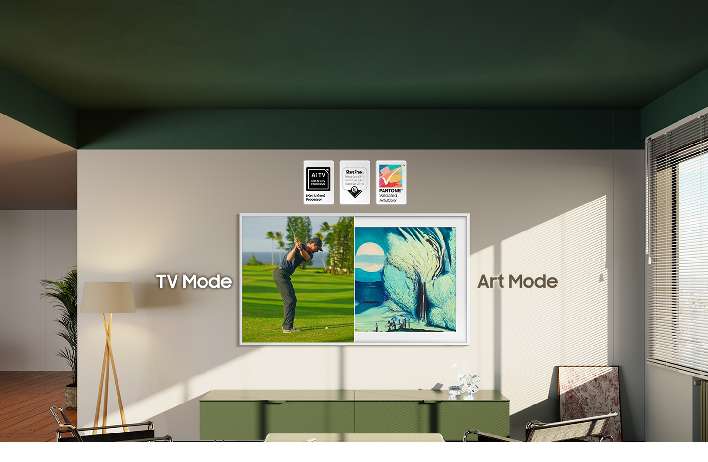 Рамка в гостиной показывает режим ТВ с логотипами процессора AI TV NQ4 AI Gen2 и режим искусства с безотражением UGR<10 Дискомфорт <22 Инвалидность <34 UL и проверенные PANTONE™ логотипы ArtfulColor.