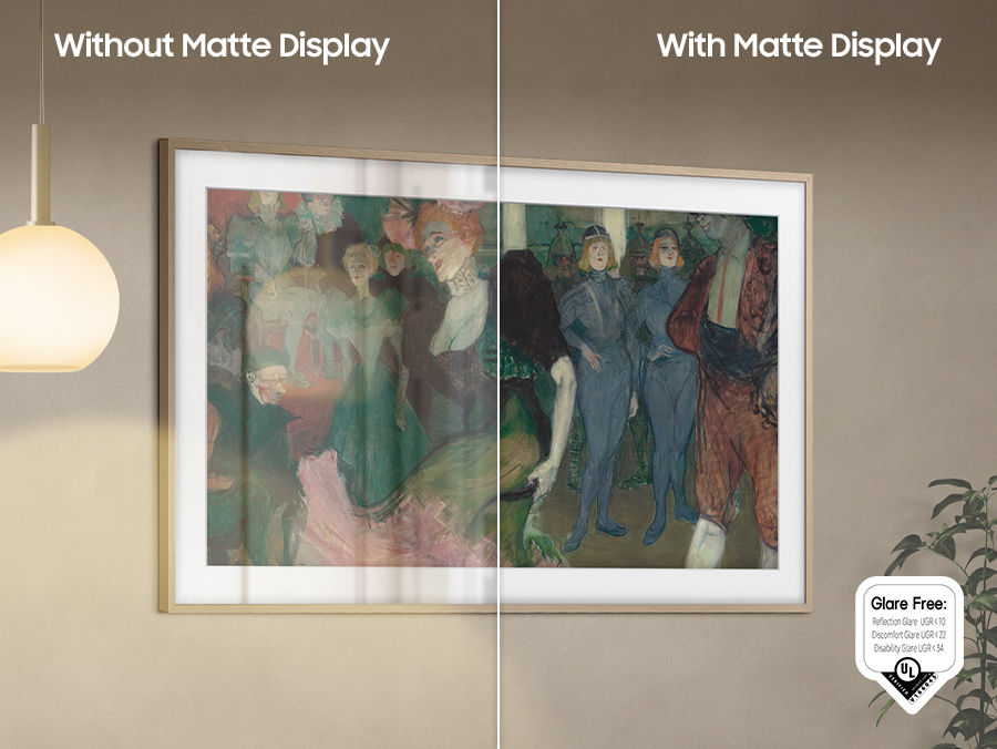 Frame TV отображает иллюстрацию, но без матового дисплея блики от лампы рядом усложняют четкое изображение.