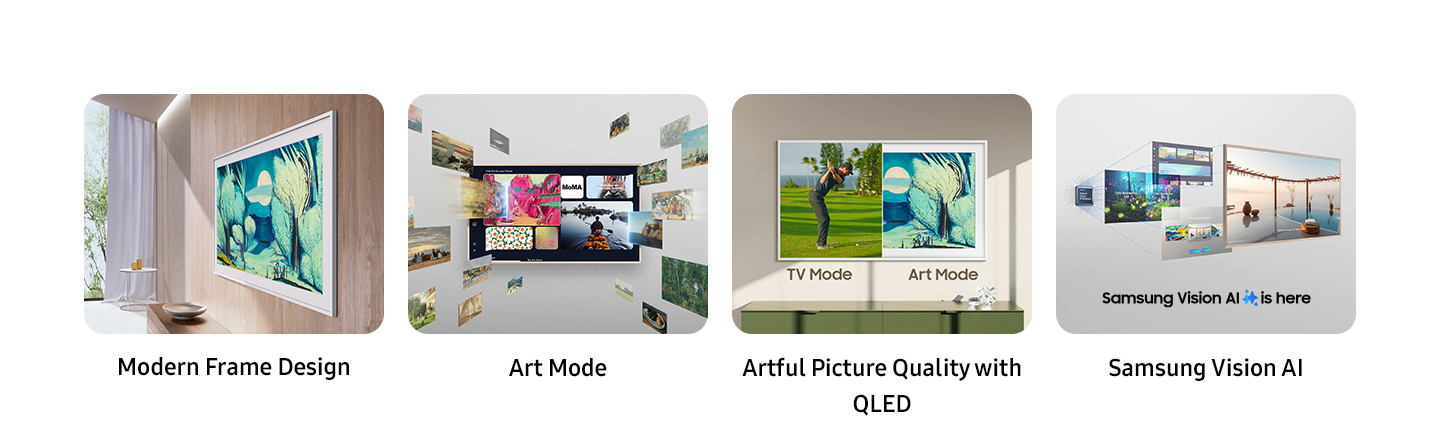 Ключевые особенности The Frame. Современный дизайн рамки, художественный режим, искусное качество изображения с QLED, показывающим режимы TV и Art Mode, логотип Samsung Vision AI.