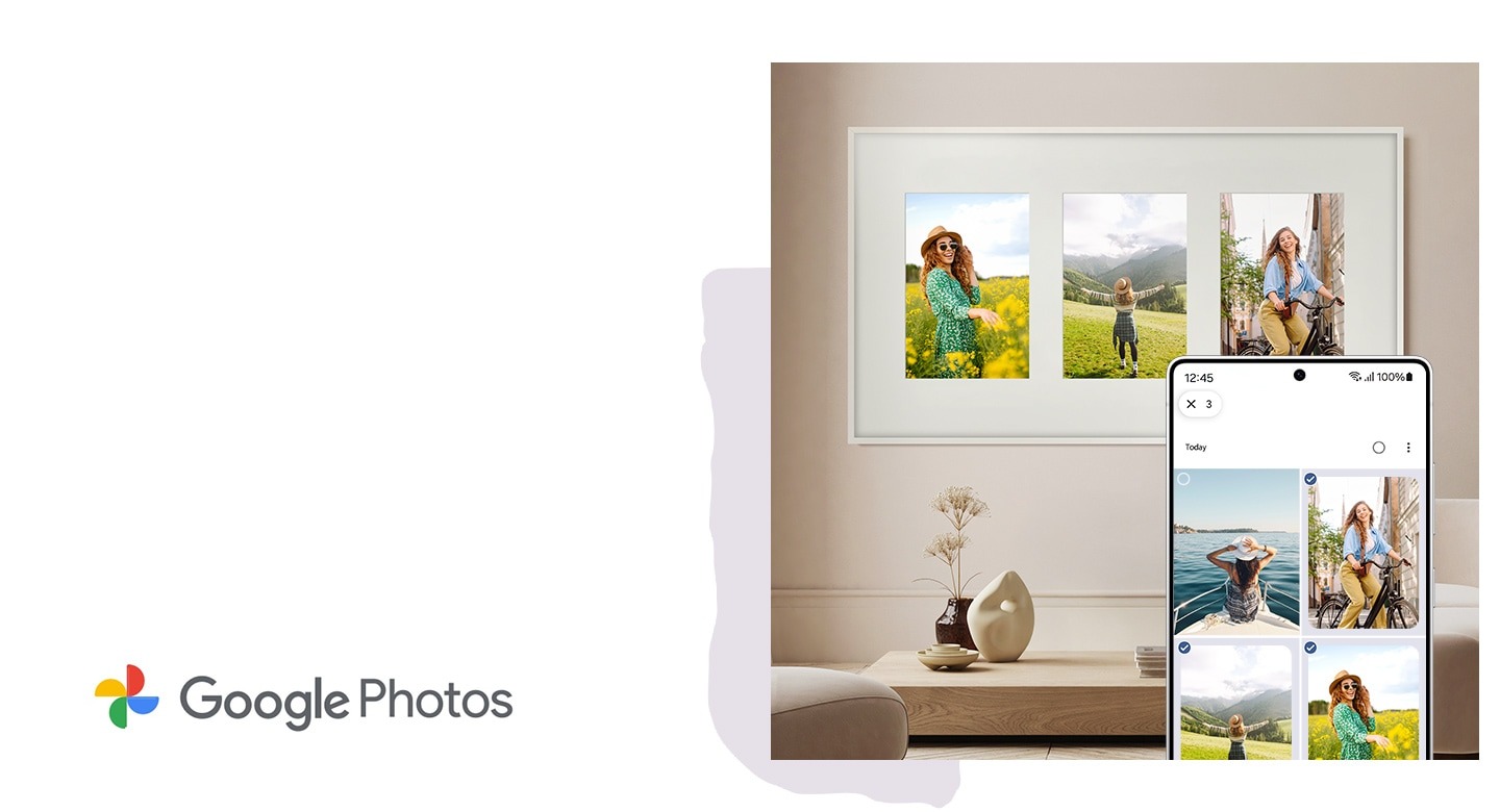 Три личных фотографии загружаются в The Frame с мобильного устройства и отображаются как коллаж. Логотип Google Фото.