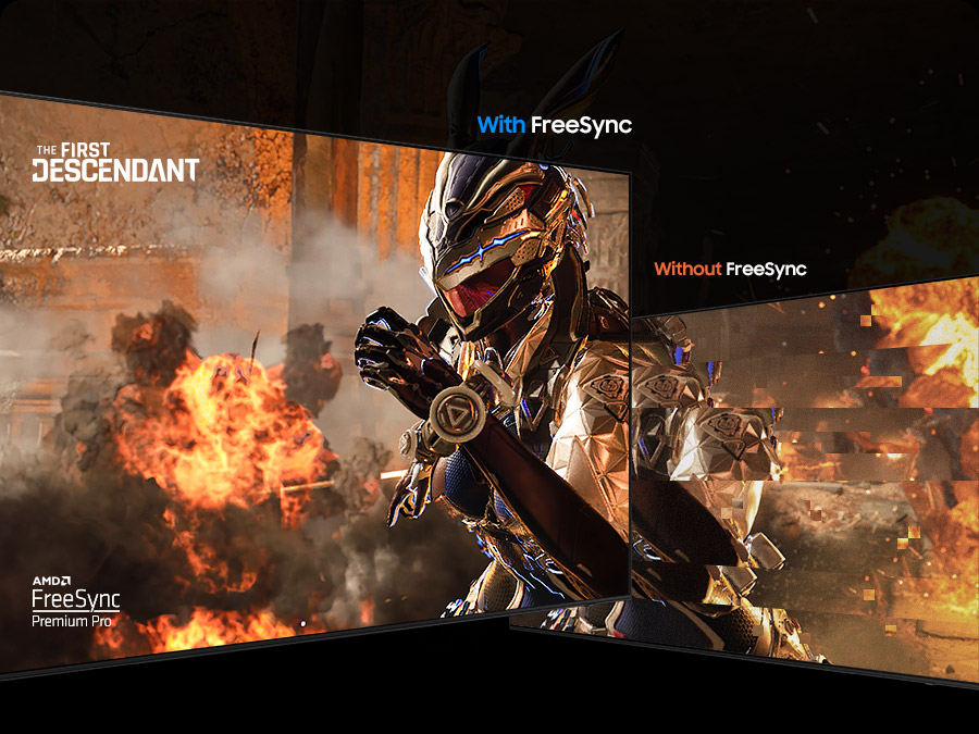С FreeSync четко видно «Первый потомок». Без FreeSync экран разрывается. AMD FreeSync Premium Pro.