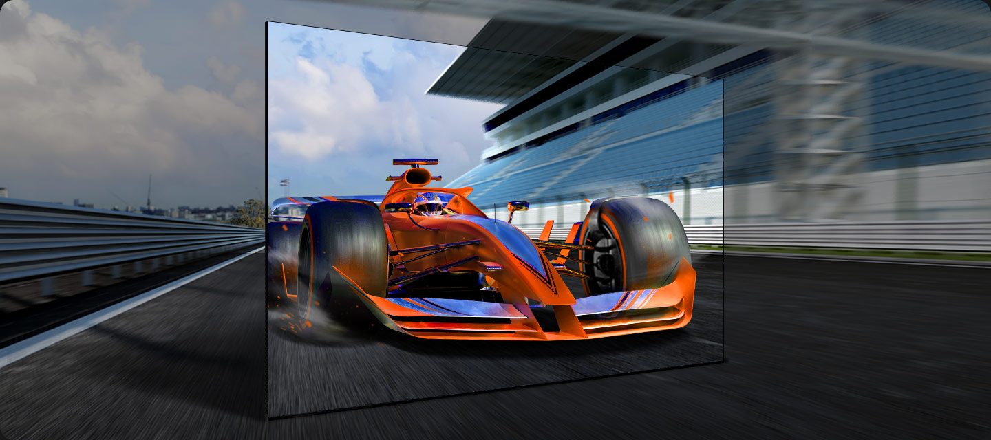 Два гоночных автомобиля мчатся по трассе. Один выглядит четче другого и едет быстрее.