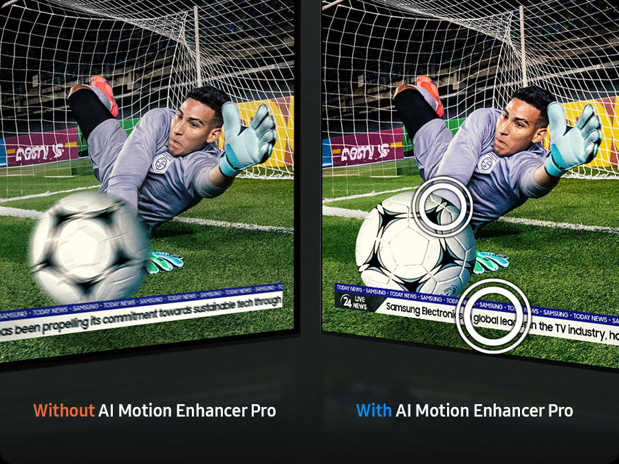 Вратарь ловит футбольный мяч. Без AI Motion Enhancer Pro мяч и текст размыты. С AI Motion Enhancer Pro они четкие.
