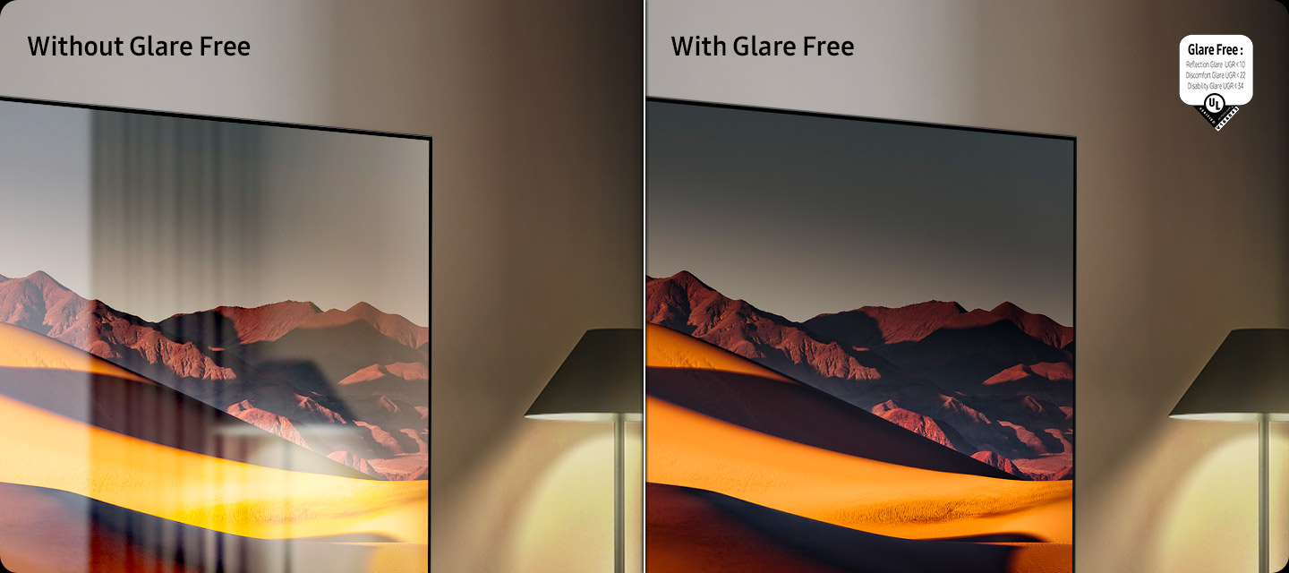 Экран телевизора без технологии Glare Free имеет отвлекающие блики. Рядом с ним экран телевизора с технологией Glare Free четко показывает горный пейзаж. Логотип Симферополь. Glare Free: Вспышки, вызывающие блики UGR < 10, дискомфортные блики < UGR 22, блики, вызывающие ограничения жизнедеятельности < 34