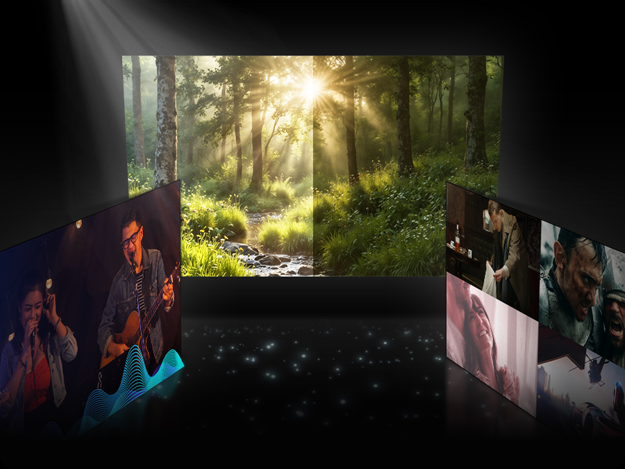 Три телеэкрана, показывающие, как режим искусственного интеллекта настраивает параметры изображения и звука для разных типов контента.