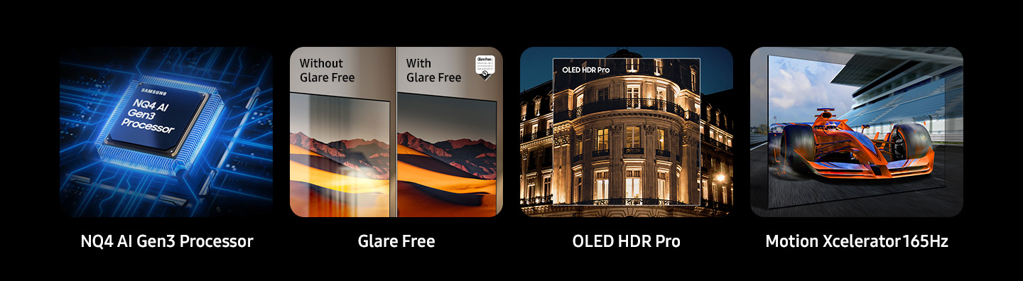 Процессор Samsung NQ4 и AI Gen3. Режим «Без бликов» показывает экраны с параметрами «Без бликов» и «С бликами». Логотип Ул. Без бликов: коэффициент бликов UGR < 10, дискомфортные блики < UGR 22, блики для людей с ограниченными возможностями. OLED HDR Pro. Motion Xcelerator 165 Гц.